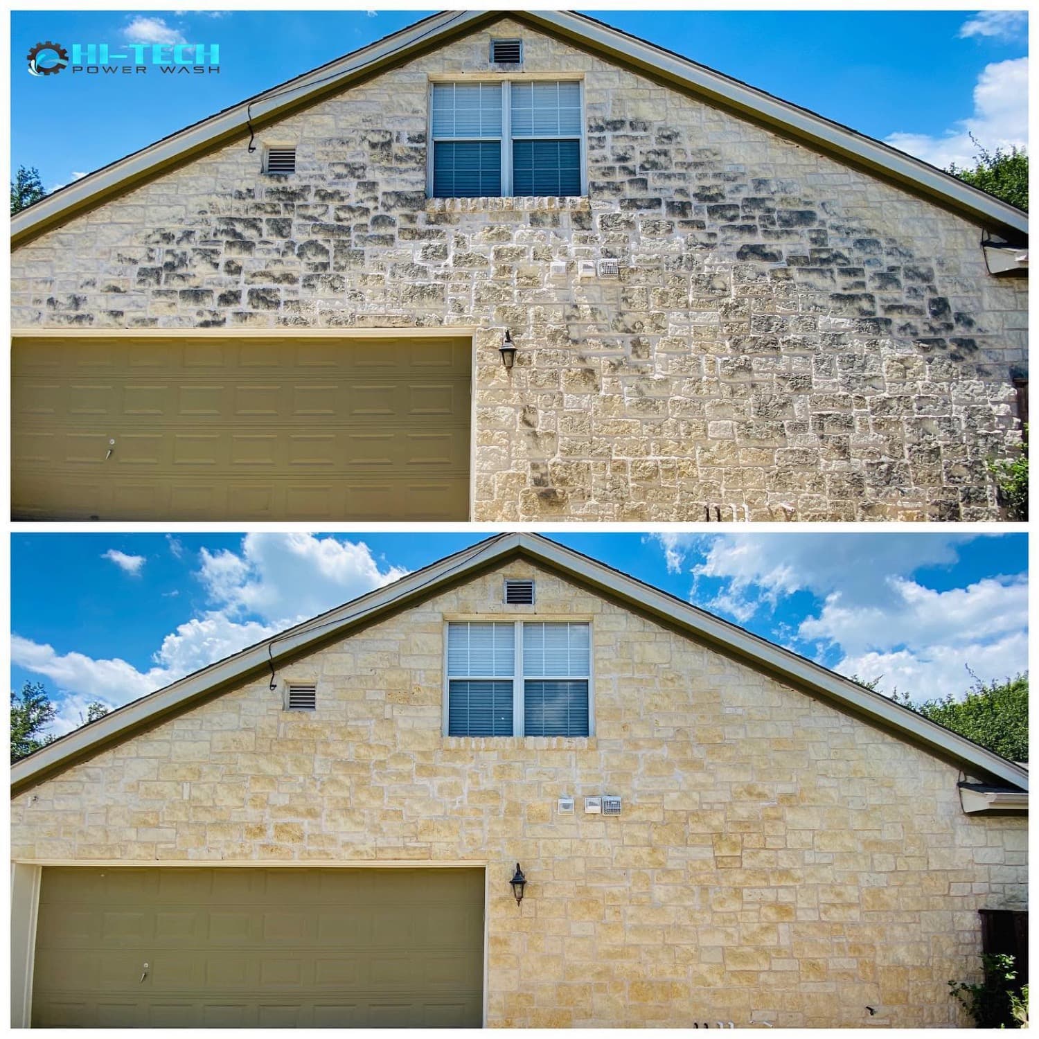 Stone house exterior before and after cleaning
