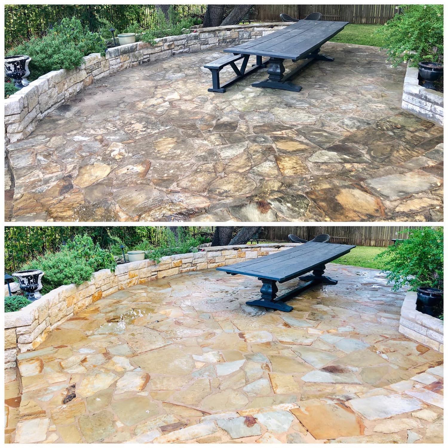 Stone patio before and after cleaning