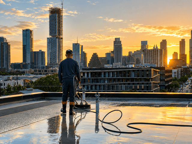 Flat commercial roof cleaning with the Austin skyline in view