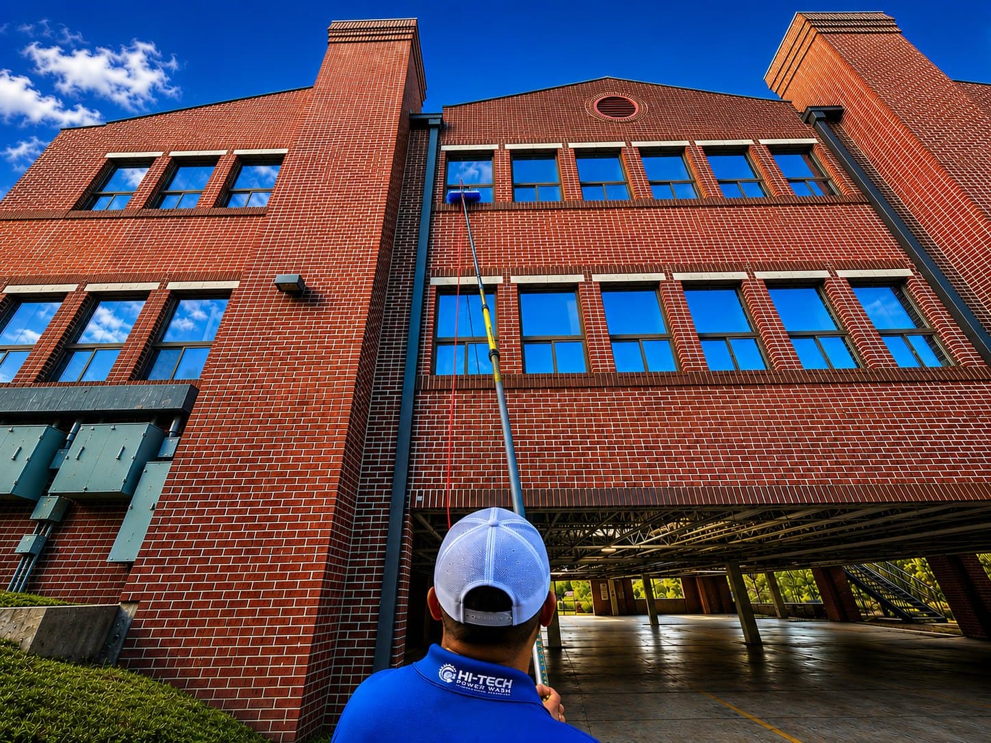 Window cleaning on a brick commercial building