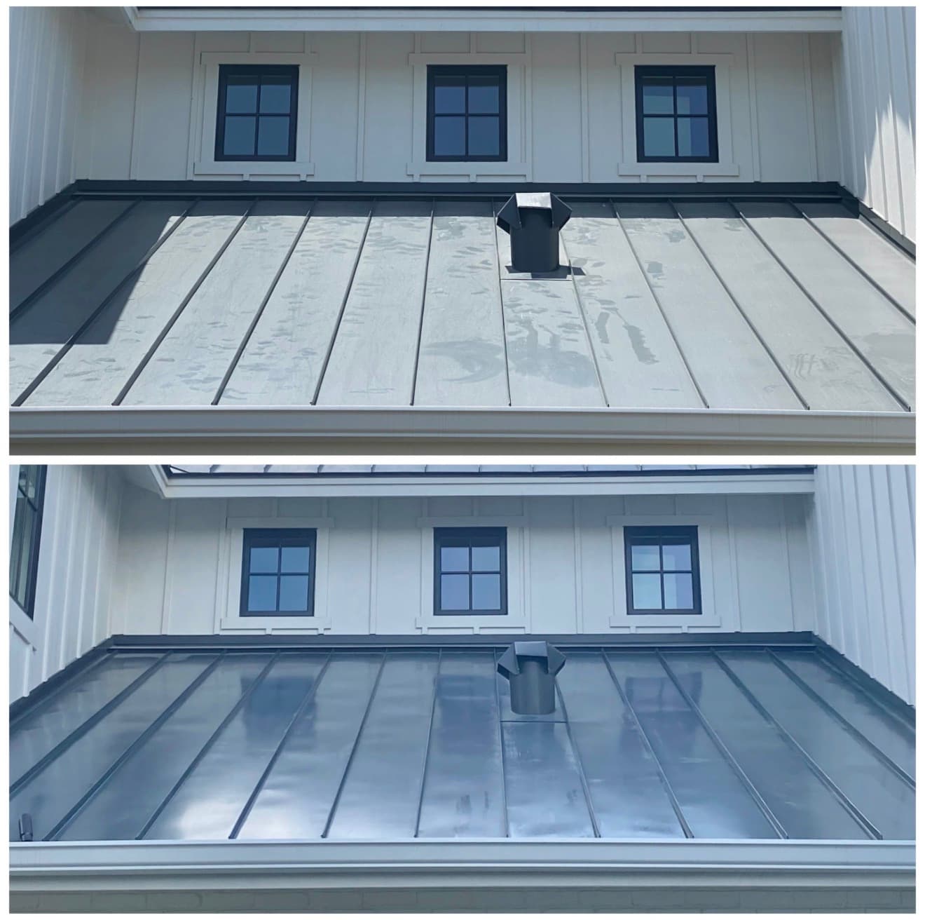 Standing seam metal roof before and after cleaning