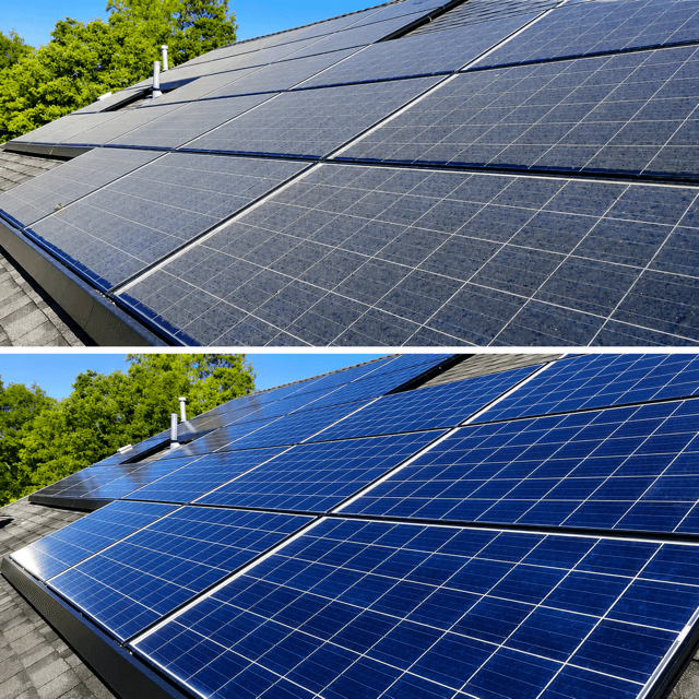 Solar panel array before and after cleaning
