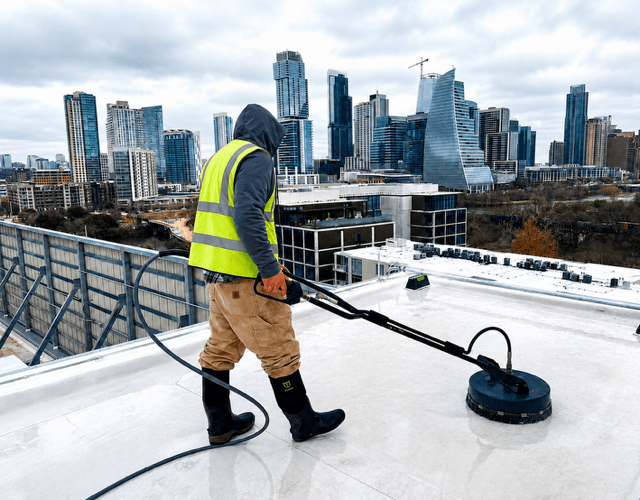 Commercial TPO roof cleaning in downtown Austin