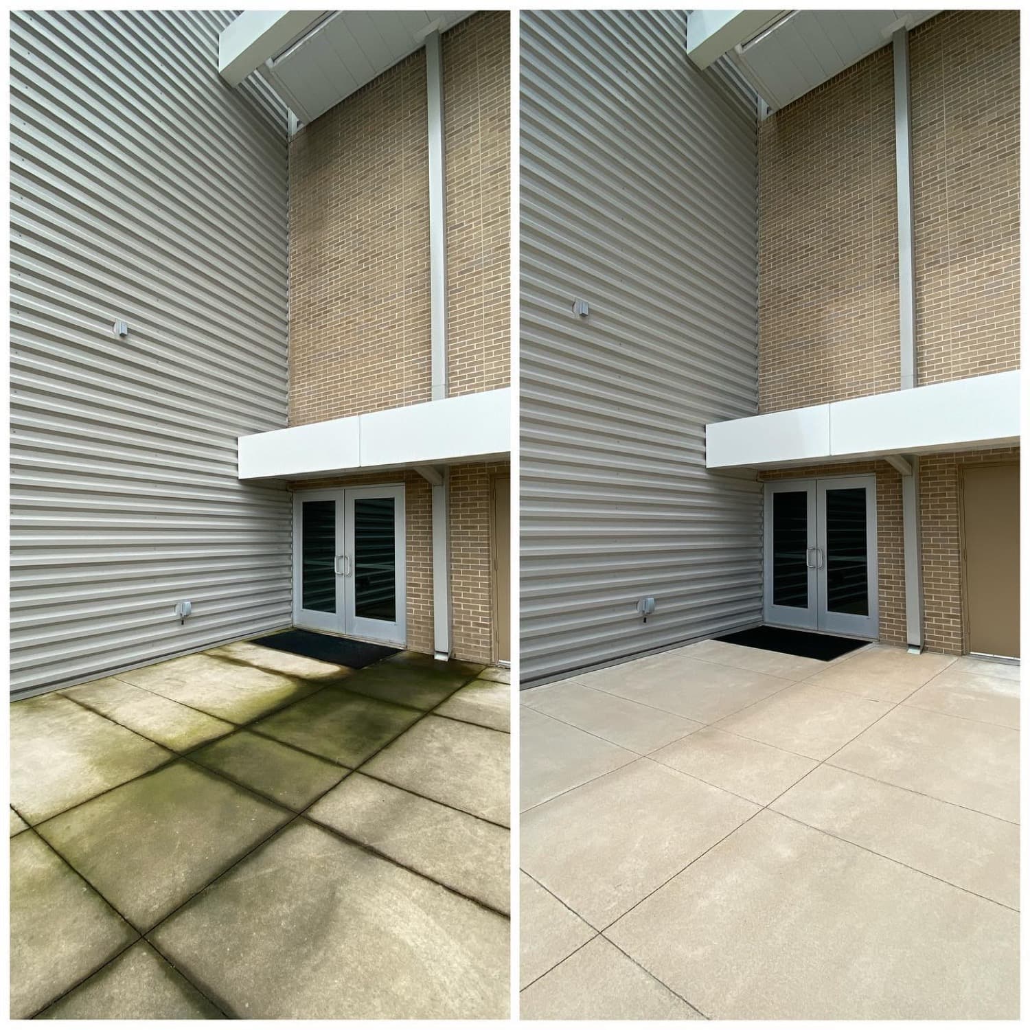 Commercial brick exterior before and after cleaning