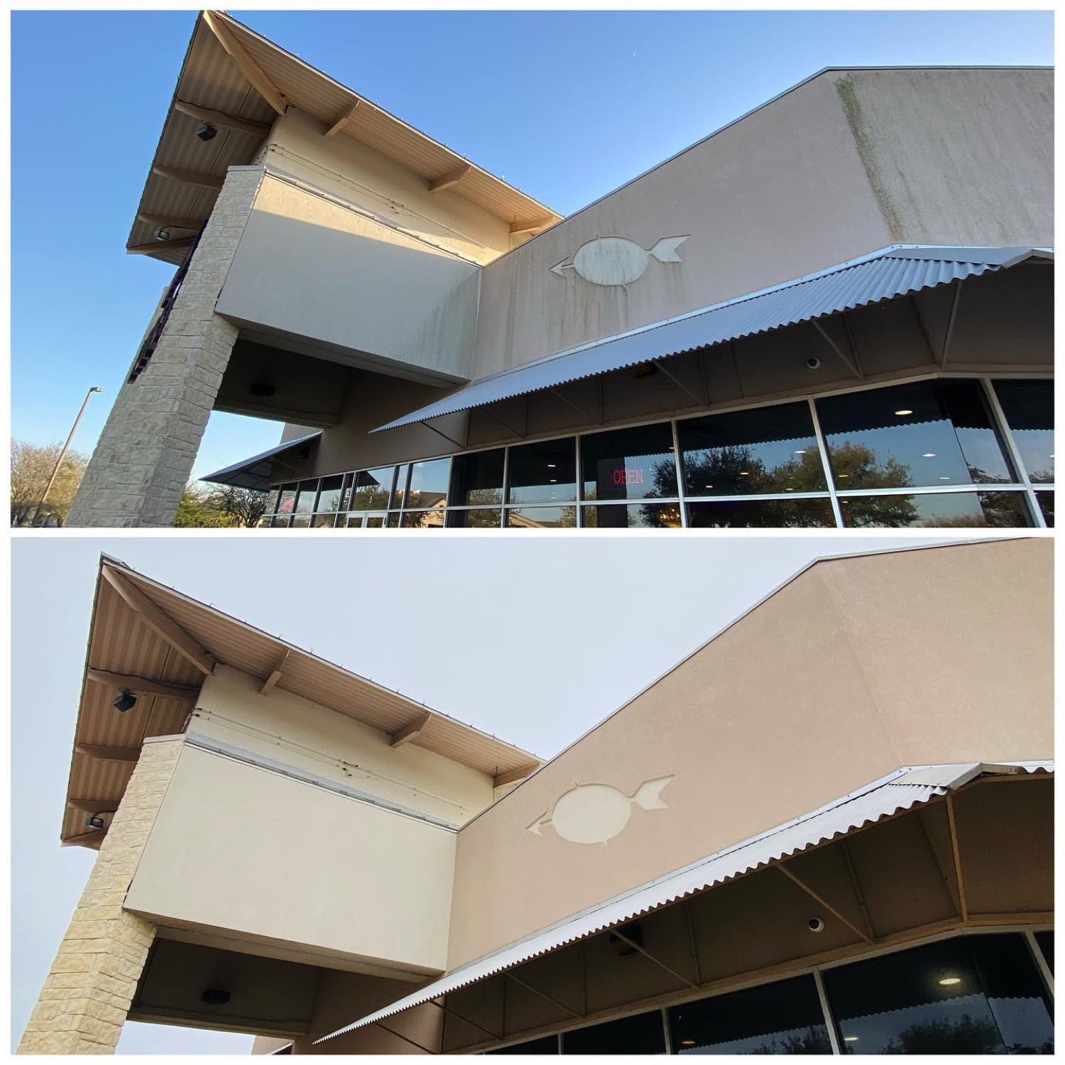 Commercial storefront before and after cleaning