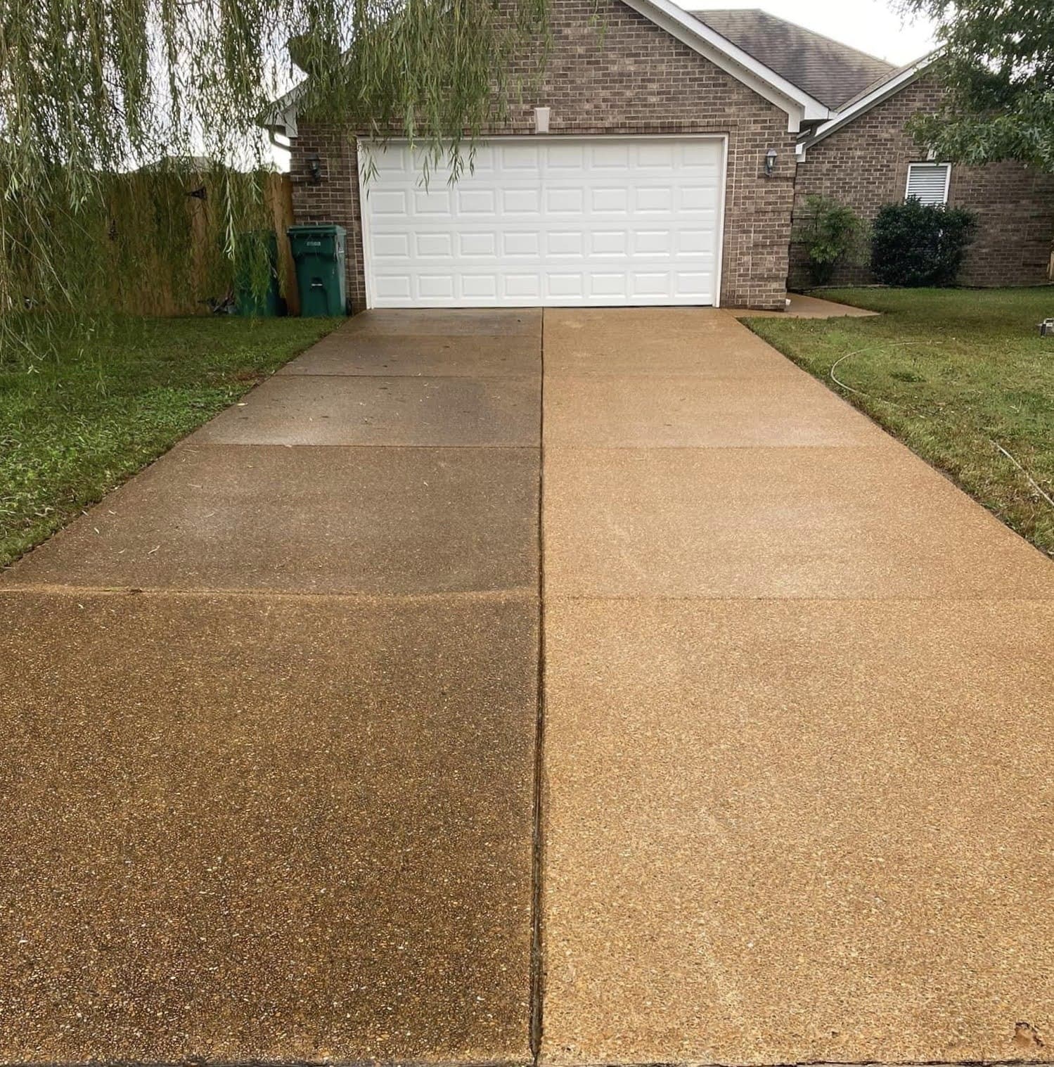 Concrete driveway before and after pressure washing in Austin