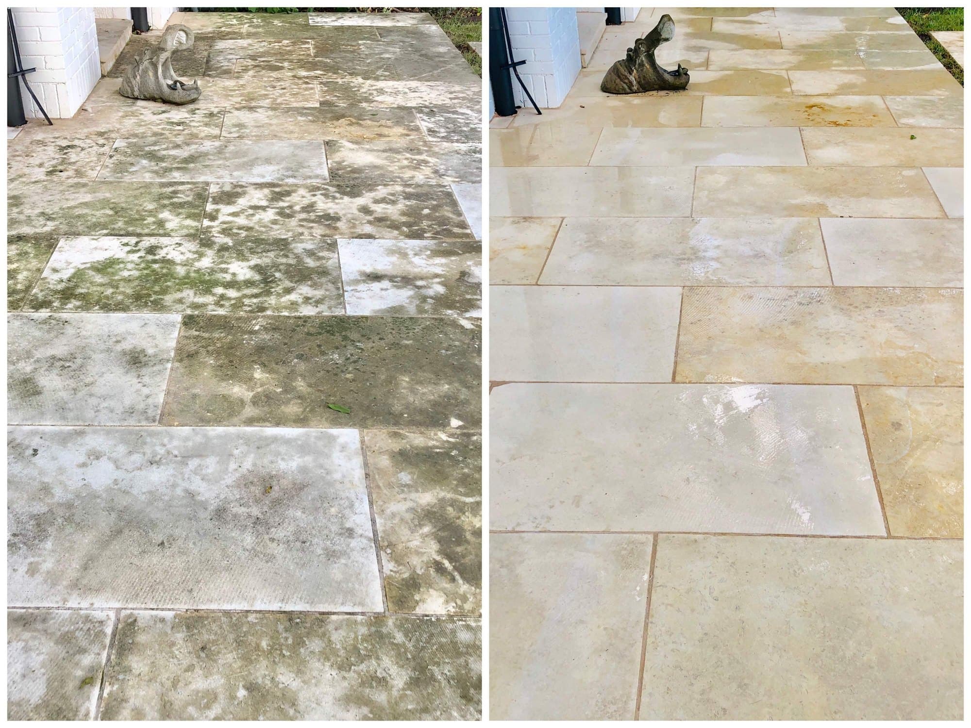 Limestone patio before and after cleaning